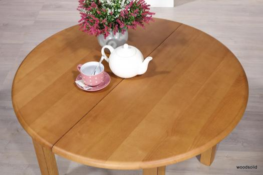 Mesa de comedor redonda fabricada en madera de Fresno macizo estilo Rústico con 2 extensiones de 40cm