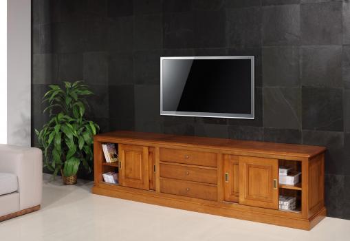 Mueble TV Beatriz fabricado en madera de Cerezo macizo estilo Louis Philippe con 4 puertas y 3 cajones