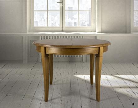 Mesa de comedor redonda fabricada en madera de roble macizo al estilo Louis Philippe diámetro 120 cm + 1 extensión cartera de 40cm