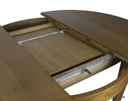 Mesa de comedor redonda fabricada en madera de roble macizo al estilo Louis Philippe diámetro 110 cm + 1 extensión cartera de 40cm