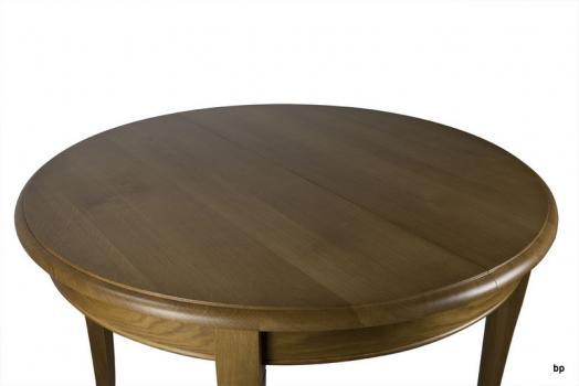 Mesa de comedor redonda fabricada en madera de roble macizo al estilo Louis Philippe diámetro 110 cm + 1 extensión cartera de 40cm
