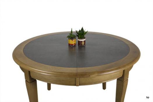 Mesa  de comedor redonda Fabiane fabricada en madera maciza de Roble al estilo Louis Philippe diámetro 120cm con Cerámica incrustada