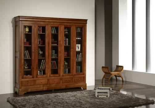 Estantería librería de 5 puertas y 5 cajones fabricada en madera de Cerezo macizo al estilo Louis Philippe