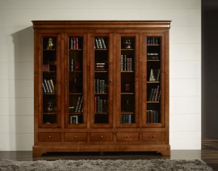 Estantería librería de 5 puertas y 5 cajones fabricada en madera de Cerezo macizo al estilo Louis Philippe
