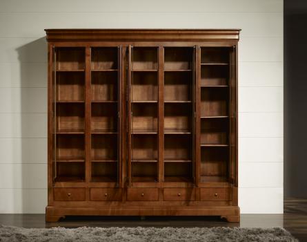 Estantería librería de 5 puertas y 5 cajones fabricada en madera de Cerezo macizo al estilo Louis Philippe