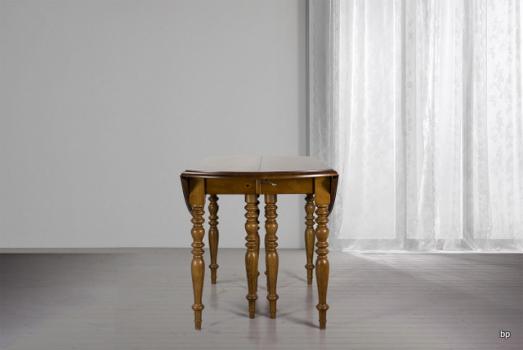 Mesa de comedor redonda con alas abatibles diámetro 120 cm  fabricada en madera de cerezo macizo al estilo Louis Philippe con 7 extensiones de 40 cm