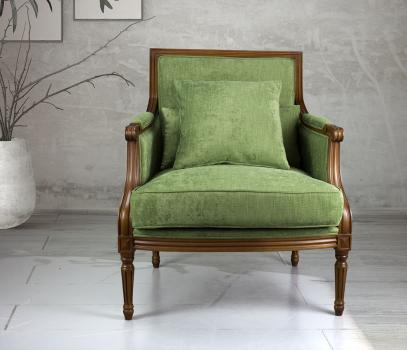 Sillón Anne de estilo Luis XVI fabricado en madera maciza de Haya, tejido verde