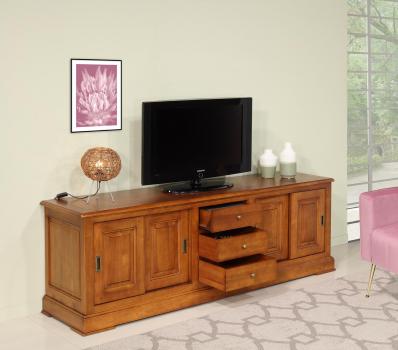 Mueble TV Lise 16/9 fabricada en madera maciza de cerezo estilo Louis Philippe con 4 puertas y 3 cajones