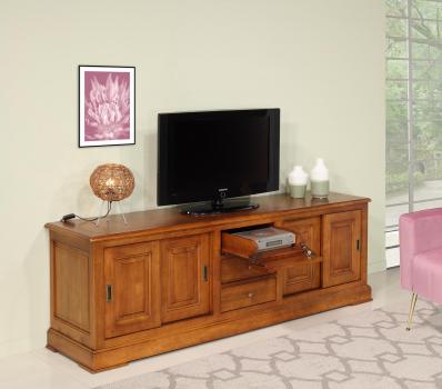 Mueble TV Lise 16/9 fabricada en madera maciza de cerezo estilo Louis Philippe con 4 puertas y 3 cajones