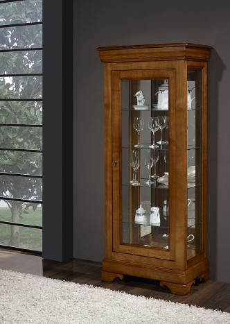 Armario Vitrina de 1 puerta y 1 cajón fabricado en madera de Cerezo macizo en estilo Louis Philippe 