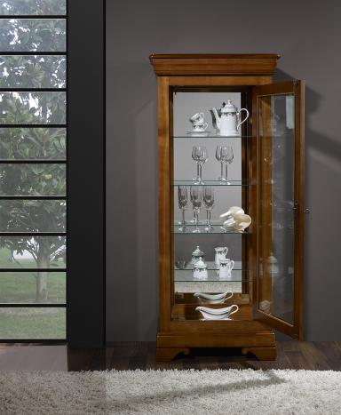 Armario Vitrina de 1 puerta y 1 cajón fabricado en madera de Cerezo macizo en estilo Louis Philippe 