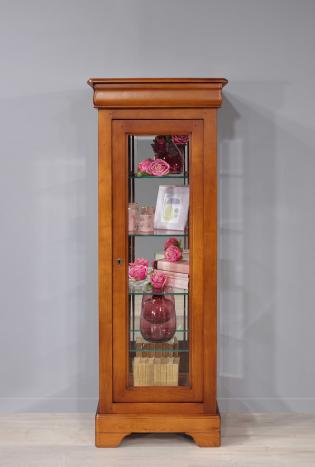 Vitrina de madera maciza de cerezo estilo Louis Philippe de 1 puerta y 1 cajón