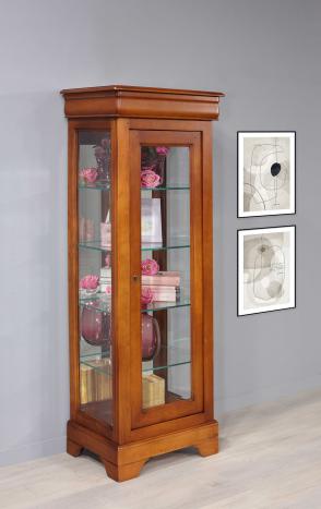 Vitrina de madera maciza de cerezo estilo Louis Philippe de 1 puerta y 1 cajón