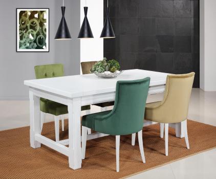 Mesa de comedor rectangular ALEX fabricada en madera de Roble macizo estilo Rústico 160x100 + 2 extensiones de 45cm Acabado Blanco Perla