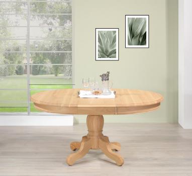 Mesa de comedor redonda con pata central fabricada en madera de roble macizo al estilo Louis Philippe DIÁMETRO 120 Acabado de roble natural cepillado 