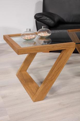 Mesa de centro Tanguy fabricada en madera de roble macizo estilo contemporáneo cristal securit