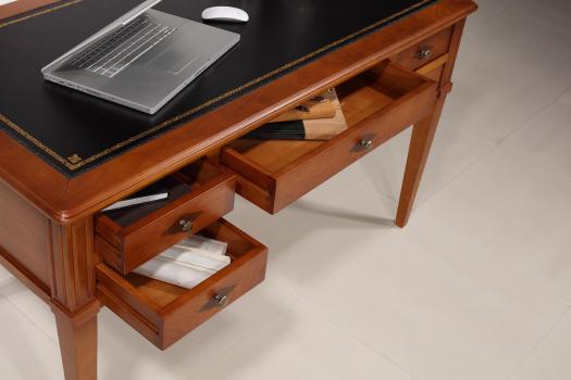 Escritorio NICOLÁS con 5 cajones fabricado en madera de cerezo macizo al estilo Directorio cubierta revestida en piel negra