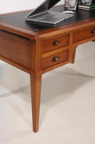 Escritorio NICOLÁS con 5 cajones fabricado en madera de cerezo macizo al estilo Directorio cubierta revestida en piel negra