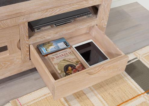 Mueble de TV Adriana fabricado en madera de roble macizo con 1 puerta y 1 cajón de estilo contemporáneo