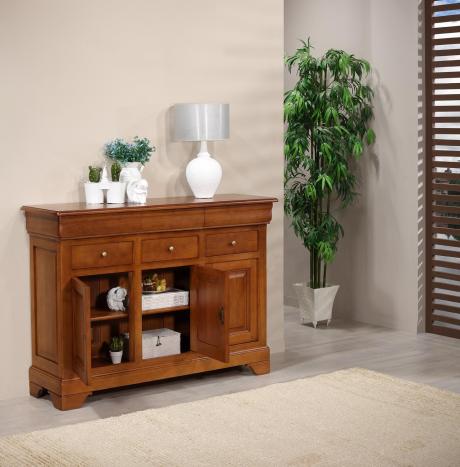 Aparador comedor Hugo de 3 puertas y 6 cajones, fabricado en madera de roble macizo estilo Louis Philippe
