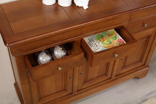 Aparador comedor Hugo de 3 puertas y 6 cajones, fabricado en madera de roble macizo estilo Louis Philippe
