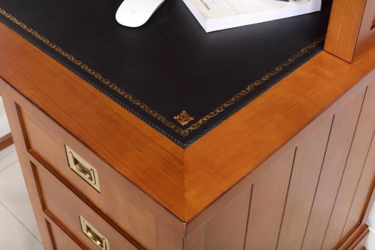 Escritorio bilbioteca Odile fabricado en madera de cerezo macizo con la cubierta de escritura revestida en molesquín negro