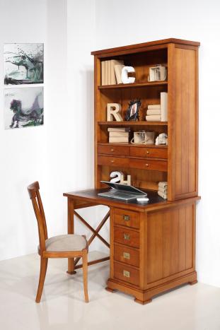Escritorio bilbioteca Odile fabricado en madera de cerezo macizo con la cubierta de escritura revestida en molesquín negro