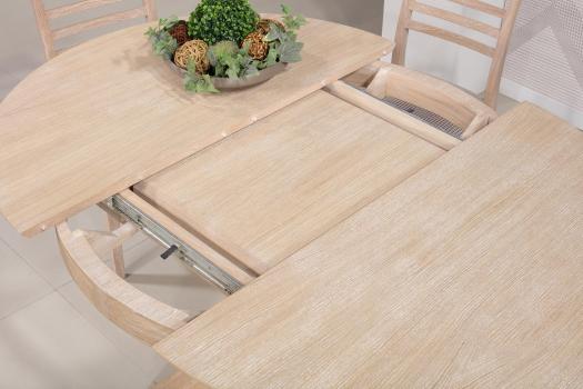 Mesa de comedor Romain fabricada en madera de roble con una pata central y una extensión tipo cartera de estilo contemporáneo