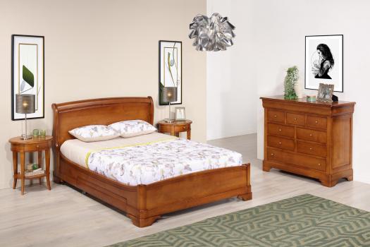 Cama Gaëlle 140x190 en madera maciza de cerezo estilo Louis Philippe Con cajón en cada lado