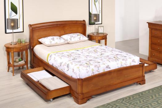 Cama Gaëlle 140x190 en madera maciza de cerezo estilo Louis Philippe Con cajón en cada lado