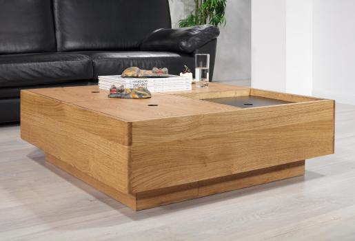Mesa baúl de centro cuadrada 90x90 fabricada en madera de roble de estilo contemporáneo con cofre de almacenamiento 