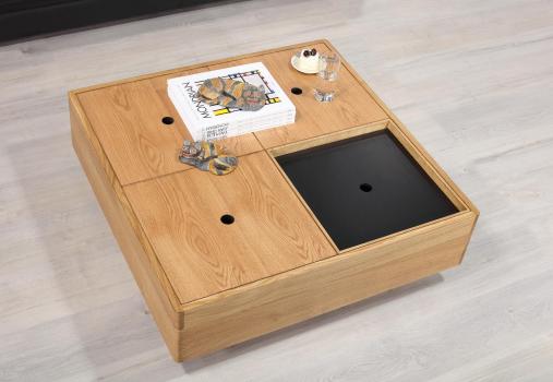 Mesa baúl de centro cuadrada 90x90 fabricada en madera de roble de estilo contemporáneo con cofre de almacenamiento 