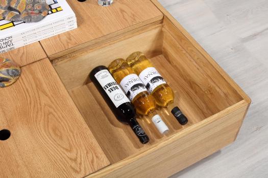 Mesa baúl de centro cuadrada 90x90 fabricada en madera de roble de estilo contemporáneo con cofre de almacenamiento 