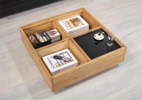 Mesa baúl de centro cuadrada 90x90 fabricada en madera de roble de estilo contemporáneo con cofre de almacenamiento 