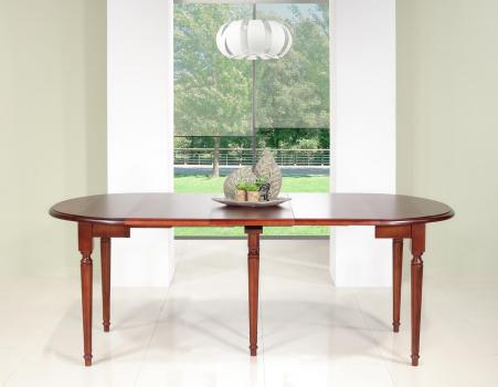 Mesa de comedor redonda y extensible, fabricada en madera de cerezo macizo estilo Luis XVI,  6 patas 3 extensiones DIÁMETRO 90 cm