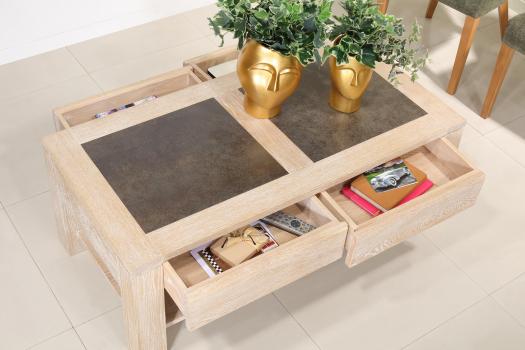 Mesa de centro con cubierta de cerámica en Roble Macizo Línea Contemporánea