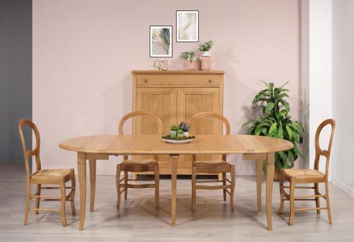 Mesa de comedor redonda extensible y con alas abatibles fabricada en madera de roble macizo en estilo Louis Philippe Diám. 100 cm + 3 extensiones de 40 cm.