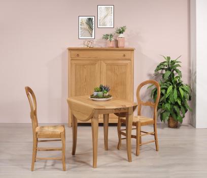Mesa de comedor redonda extensible y con alas abatibles fabricada en madera de roble macizo en estilo Louis Philippe Diám. 100 cm + 3 extensiones de 40 cm.