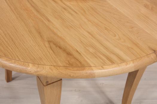 Mesa de comedor redonda extensible y con alas abatibles fabricada en madera de roble macizo en estilo Louis Philippe Diám. 100 cm + 3 extensiones de 40 cm.