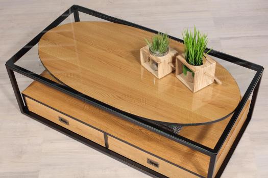 Mesa de centro Robin fabricada en madera de roble, hierro y cubierta de cristal con 2 cajones
