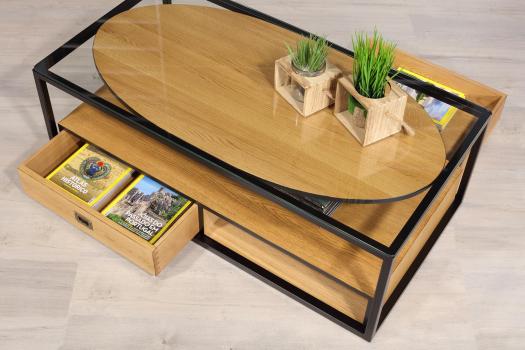 Mesa de centro Robin fabricada en madera de roble, hierro y cubierta de cristal con 2 cajones