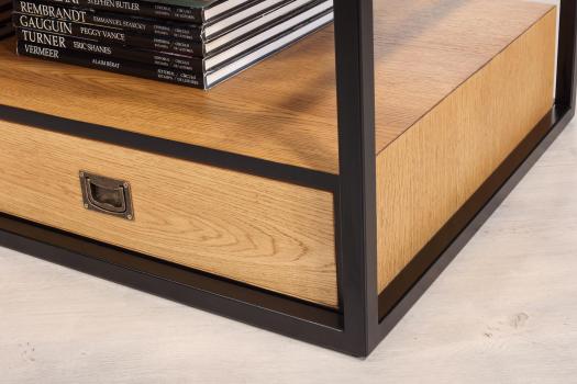 Mesa de centro Robin fabricada en madera de roble, hierro y cubierta de cristal con 2 cajones