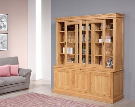 Armario Vitrina Damien de 2 cuerpos y 3 puertas corredizas fabricada en madera de roble macizo estilo Directoire
