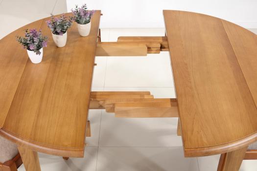 Mesa de comedor SIMÓN redonda con extensiones,fabricada en roble macizo al estilo Louis Philippe Diámetro 105 con sus 2 extensiones de 40 cm.