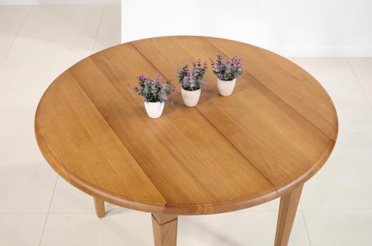 Mesa de comedor SIMÓN redonda con extensiones,fabricada en roble macizo al estilo Louis Philippe Diámetro 105 con sus 2 extensiones de 40 cm.