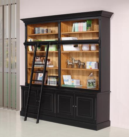 Estantería de 4 puertas Anne-Sophie de madera maciza de cerezo estilo Directoire CON ESCALA Acabado lacado negro y acabado natural ligeramente envejecido