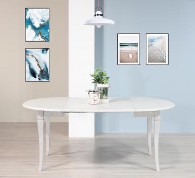 Mesa de comedor redonda extensible y con alas abatibles,fabricada en roble macizo estilo Louis Philippe DIAM. 105 con 2 LONGITUDES DE 40 CM Gris Perla cepillado ligeramente patinado