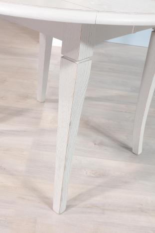 Mesa de comedor redonda extensible y con alas abatibles,fabricada en roble macizo estilo Louis Philippe DIAM. 105 con 2 LONGITUDES DE 40 CM Gris Perla cepillado ligeramente patinado