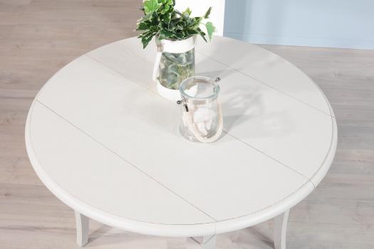 Mesa de comedor redonda extensible y con alas abatibles,fabricada en roble macizo estilo Louis Philippe DIAM. 105 con 2 LONGITUDES DE 40 CM Gris Perla cepillado ligeramente patinado