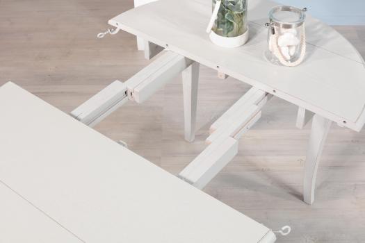 Mesa de comedor redonda extensible y con alas abatibles,fabricada en roble macizo estilo Louis Philippe DIAM. 105 con 2 LONGITUDES DE 40 CM Gris Perla cepillado ligeramente patinado